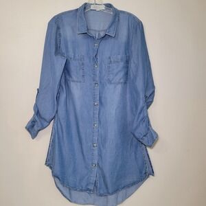Thread & Supply Extra Long Chambray Blouse Button Down High Side Slits Medium